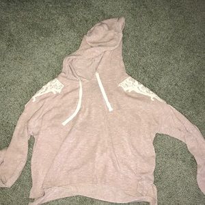 Tan Sweatshirt with white thick lace on shoulders